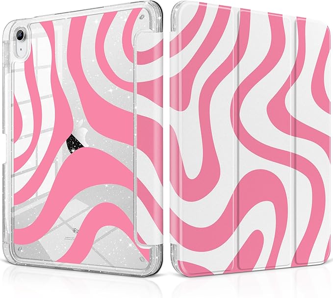 MEEgoodo Case for iPad A16 11th Generation 2025/10th Generation 2022 Glitter Tablet Cases with Transparent Acrylic Back+Trifold Stand +Pencil Holder+Auto Wake/SleepPink Wave Pattern