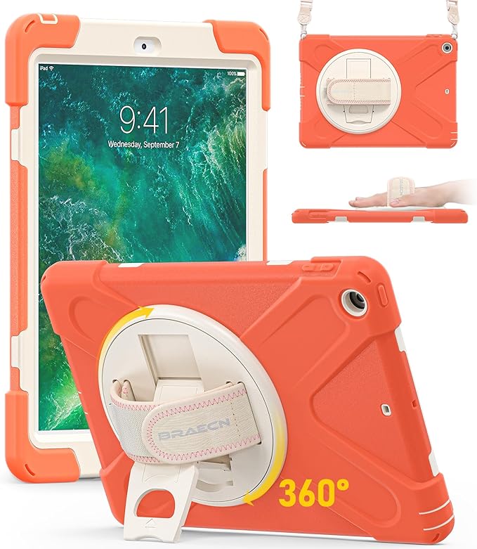 BRAECN Case for iPad 6th/5th Generation 9.7 inch 2018/2017 Protective Heavy Duty Shockproof Cover for Kids/Adults 360° Rotating Hand Strap/Stand &amp Detachable Shoulder Strap Coral Orange