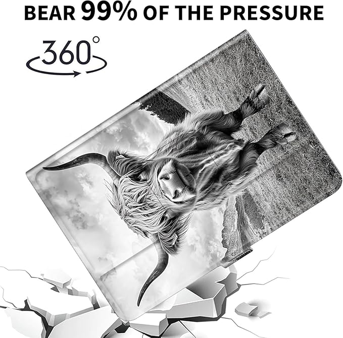 for Universal 10 10.1 Inch Android Tablet Case 360 Degree Rotating Leather Stand Folio Cover for iPad 9.7/10.2/10.5/Galaxy Tab 9-10.5/Fire HD10 &amp More 9.0-10.5 Inch TabletBlack Cute Cow