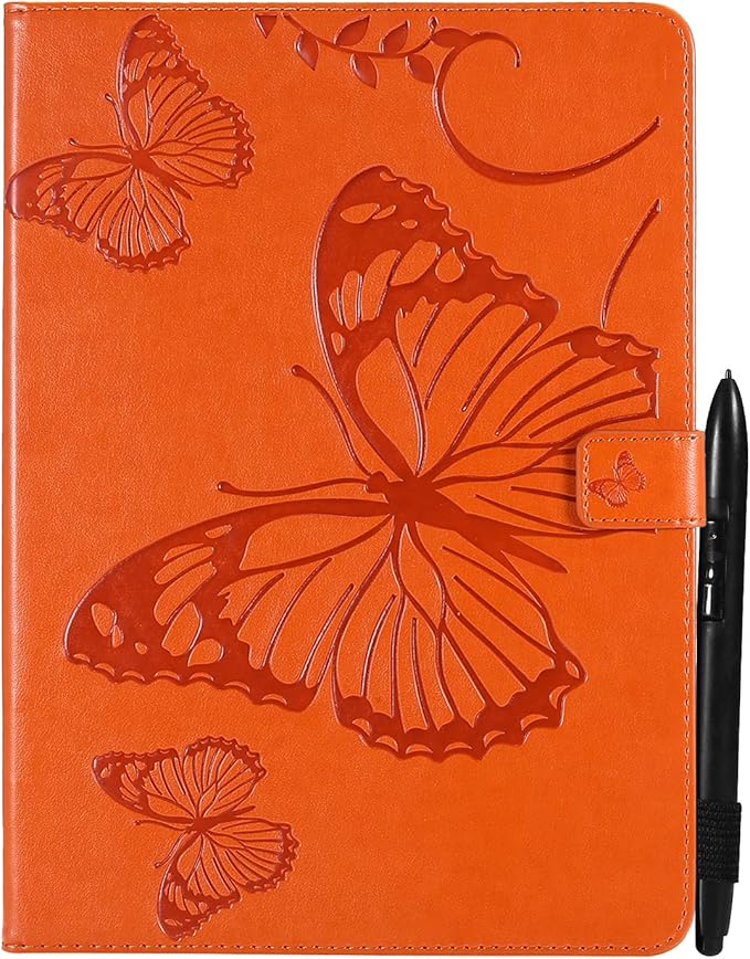 for Kindle Fire HD 10 &amp HD 10 Plus Case 13th/11th Generation 10.1 (2023/2021) Stand Embossed PU Leather Magnetic Wallet Cover with Pencil Holder/Pockets [Auto Wake/Sleep] Orange Butterfly