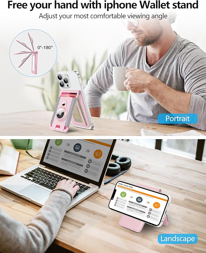 ExtreLife for Magsafe Wallet with Airtag Holder Magnetic Wallet for iPhone 17/16/15/14/13/12 Series 9-Card Holder Open ID Window Adjustable Stand RFID Blocking Pink