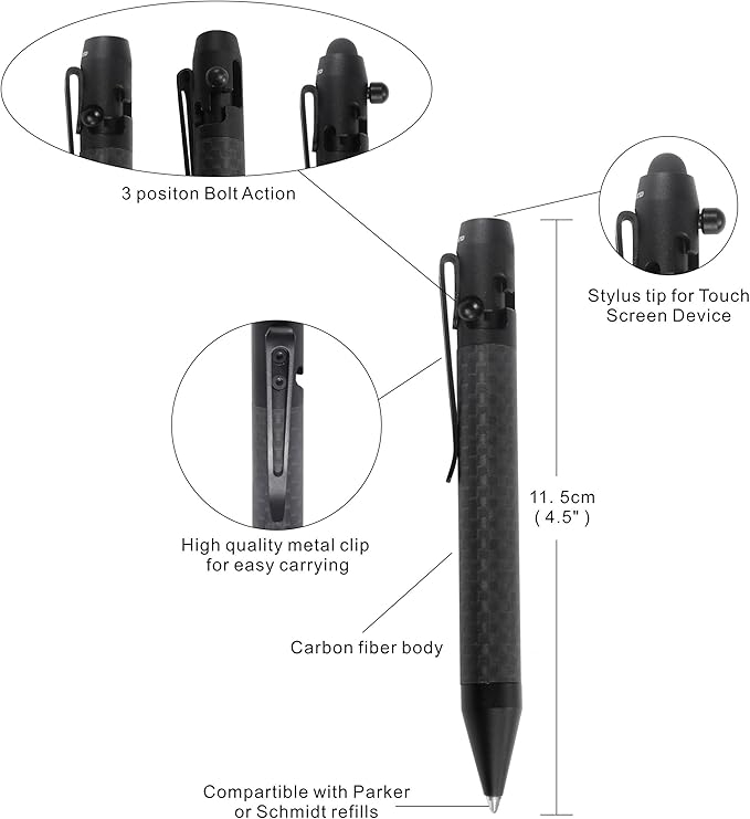 Cool Hand 4.9'' Carbon Fiber Bolt Action Pen Stylus for Touch Screen Ballpoint Ink Refillable Compact Size Skelton Out Deep Pocket Clip for Easy Carring