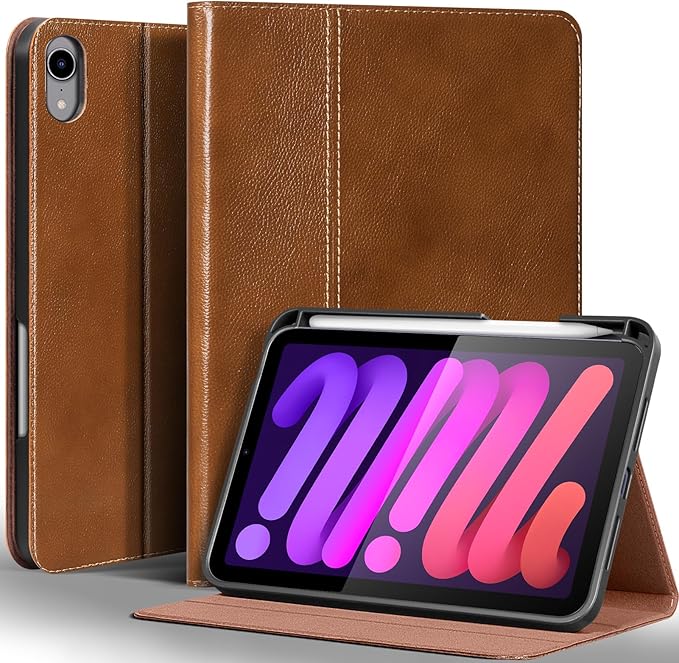 Gexmil Leather Case for iPad mini 7 (A17 Pro) 2024 / iPad mini 6 Generation 2021 8.3 InchPremium Cowhide Cover with Pencil HolderAdjustable Stand Auto Wake/SleepYellow Brown