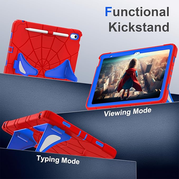 Kids Case for iPad 10th/11th Gen (10.9/11 Inch 2022/2025 A16) – Shockproof 360° Full-Body Protection Cover with Screen Protector Stand &amp Pencil Holder – Boys’ Anti-Drop Design-RED Blue