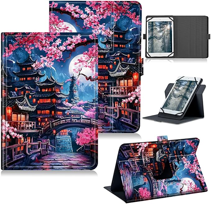 for Walmart Onn 10.1 2024 Onn 10.1 Gen 4 Universal Tablet Case 360 Degree Rotating Kickstand Protective Stand Case with Multiple Viewing PU Leather Shell Case Cherry Blossom House