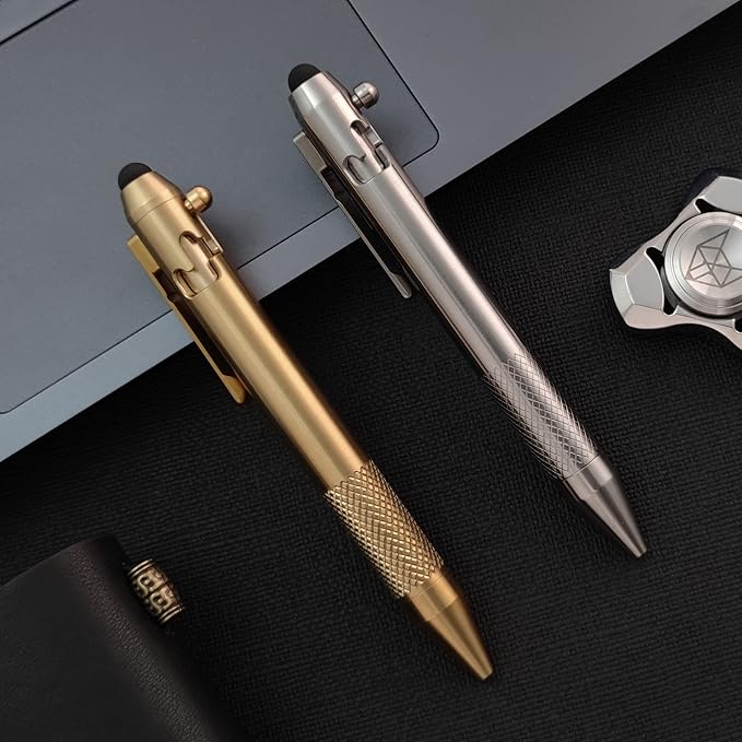 Cool Hand 4.9'' Brass Bolt Action Pen with Retractable Stylus Tip for Any Touch Screen Ballpoint Ink Refillable Compact Size Skelton Out Deep Pocket Clip (Brass)