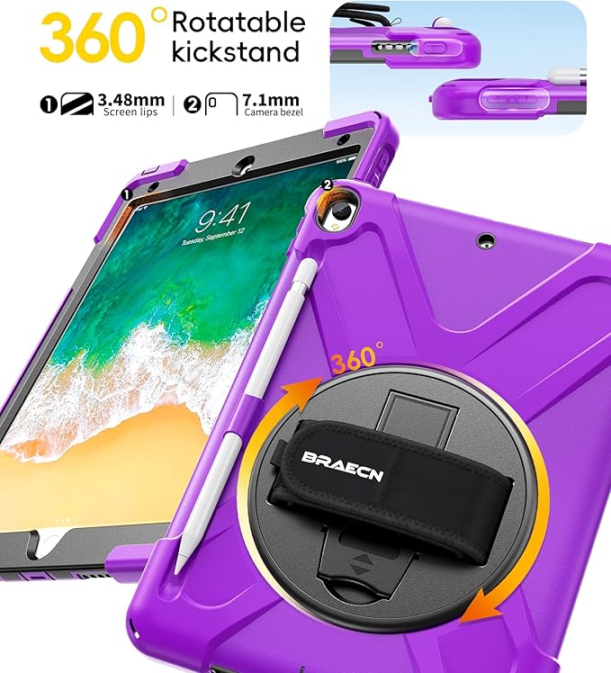 BRAECN Case for iPad Air 3rd Generation 2019 / iPad Pro 10.5 inch 2017 Rugged Heavy Duty Shockproof Cover with Pencil Holder 360° Rotating Kickstand &amp Adjustable Hand Strap &amp Shoulder Strap