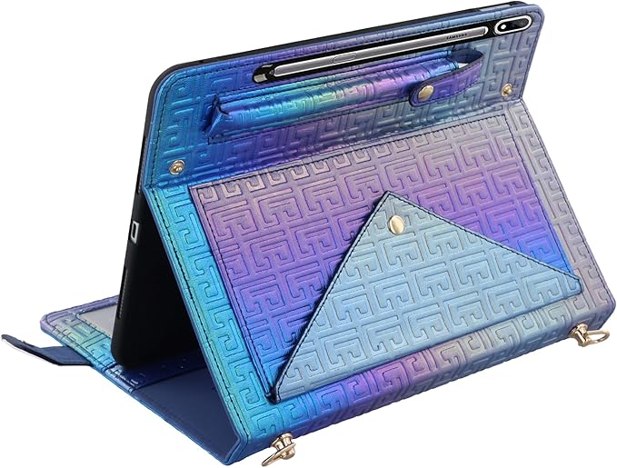 Shiny Case for Samsung Galaxy Tab S10 Ultra/S9 Ultra/S8 Ultra 14.6 Handbag with Pen Holder Techcircle Iridescent PU Folio Envelope Pocket Stand Cover with Hand Strap+Shoulder Strap Shiny Indigo