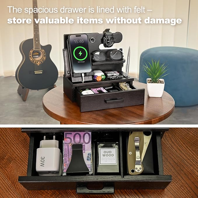 TESLYAR Wood Phone Docking Station with Drawer - Nightstand Organizer - Desk Organizer for Husband - Birthday Gifts for Men Dad Anniversary Idea Key Holder Stand Watch &amp Accessories (Fumed Blac