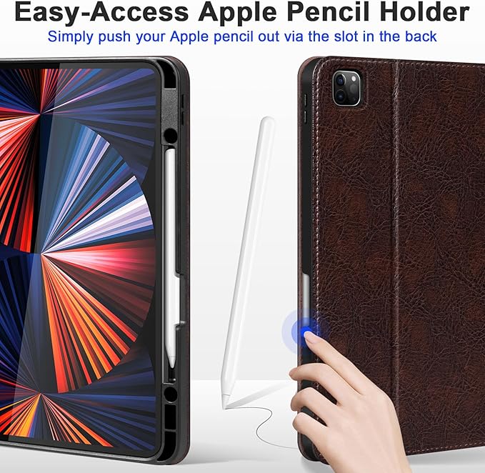 Genuine Leather Case for iPad Pro 12.9 Inch Folio Cover with Pencil Holder Auto Wake/Sleep &amp Adjustable Stand for 6th/5th/4th/3rd Generation (2022-2018) - Vintage Mocha Brown