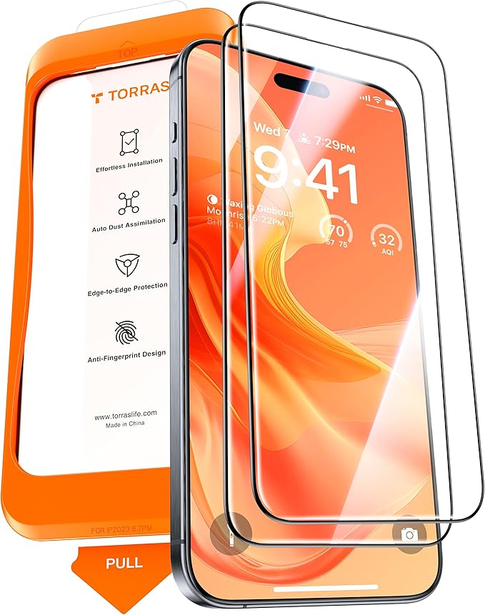 TORRAS Military-Grade Screen Protector for iPhone 15 Pro Max [9H+ Aerospace Tempered Glass＆12FT Shatterproof ] One-Step Installation Full Coverage Fit Bubble Free Top-Notch Protection 2 Pack