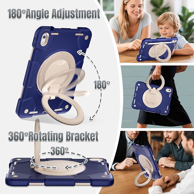 Case for iPad (A16) 11th /10th Generation 11/10.9 Inch 2025/2022 with Screen Protector/360° Rotate Stand/Shoulder Strap/Pencil Holder Shockproof iPad 11th/10th Gen Cover (Navy+White)