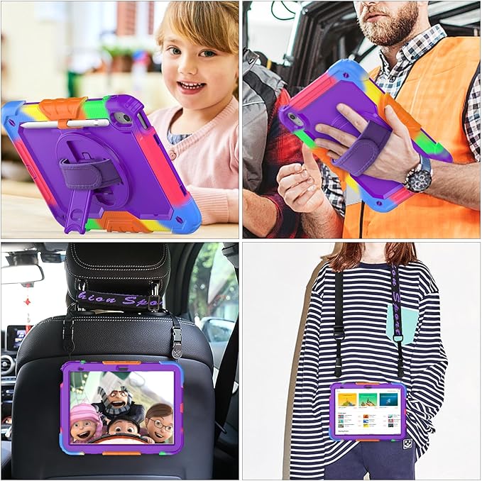 SEYMAC stock Case for iPad (A16) 11th/10th Generation 11''/10.9'' 2025/2022 Full-Body Drop Protection Case with Screen Protector &amp360° Rotate Hand Strap/Stand Purple+Colorful