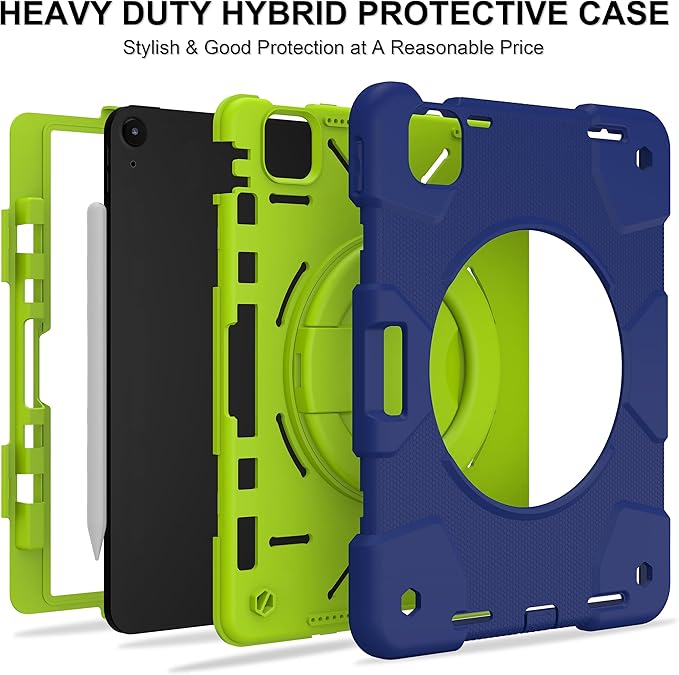 Case for iPad Air 11 inch Case M3 2025/ M2 2024 (Air 7th/6th Generation) Heavy Duty Shockproof Cover with Screen Protector 360° Rotating Stand Pencil Holder Shoulder Strap (Navy+Green)