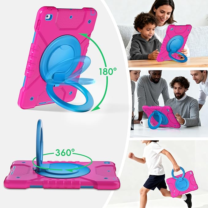 Case for iPad 9th/8th/7th Generation 10.2 inch Shockproof Cover with Screen Protector/360° Rotating Handle/Bracket/Pen Holder/Shoulder Strap Kids Case for iPad 2021/2020/2019 (Pink+Blue)