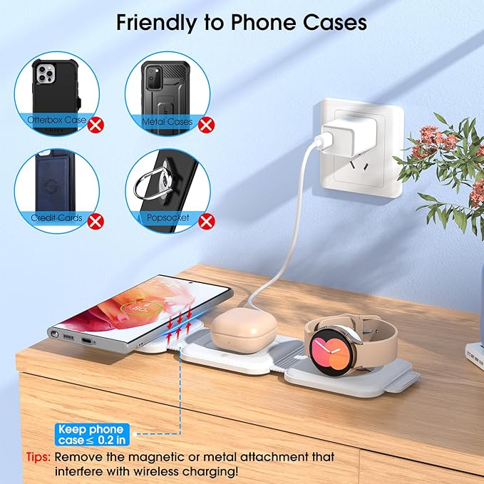 Pocket Wireless Charging Station for Samsung Android Devices Foldable Travel Charger Pad for Samsung S25 S24 S23 Ultra Z Flip Fold 6 Wireless Watch Charger for Galaxy Watch 7/6 for Buds 3 Pro-White