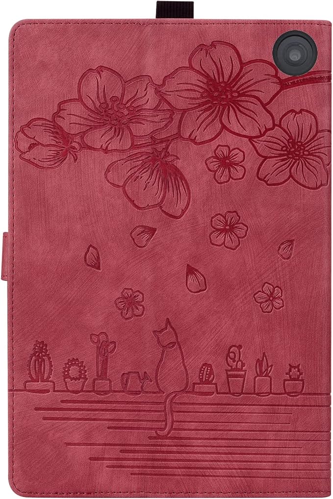 for Amazon Kindle Fire HD 8 &amp Fire HD 8 Plus Case 12th/10th Generation (2024/2022/2020) 8 UUcovers Embossed PU Leather Folio Magneic Cover with Stand/Pencil Holder Cherry Blossom Red Cat