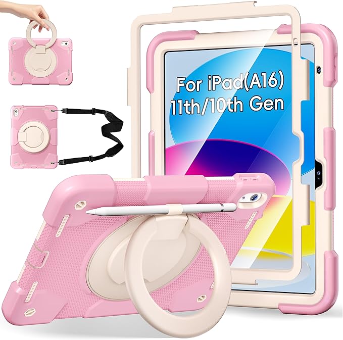 Case for iPad (A16) 11th /10th Generation 11/10.9 Inch 2025/2022 with Screen Protector/360° Rotate Stand/Shoulder Strap/Pencil Holder Shockproof iPad 11th/10th Gen Cover (Pink+White)