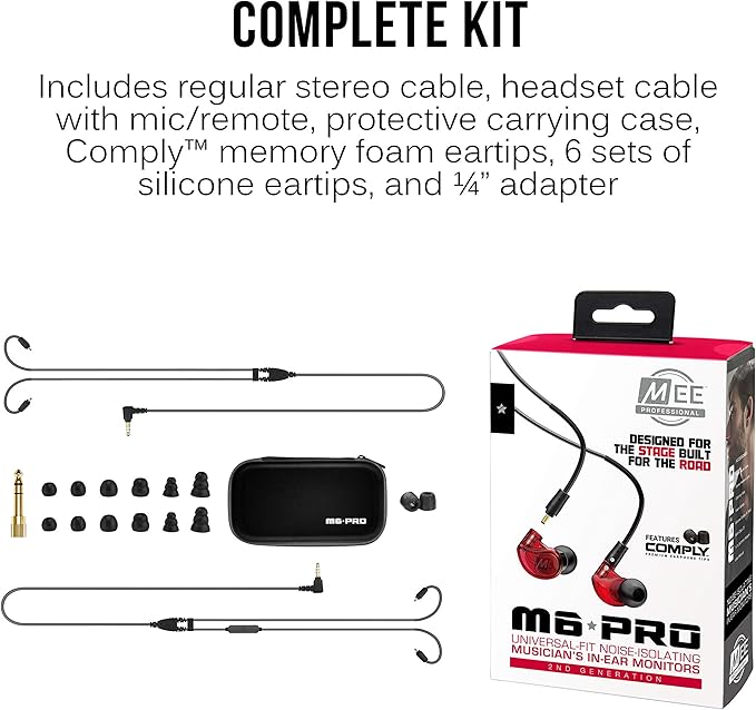 MEE audio M6 PRO In Ear Monitor Headphones for Musicians 2nd Gen Model With Upgraded Sound Memory Wire Earhooks &amp Replaceable Cables Noise Isolating Professional Earbuds 2 Cords Included (Red)