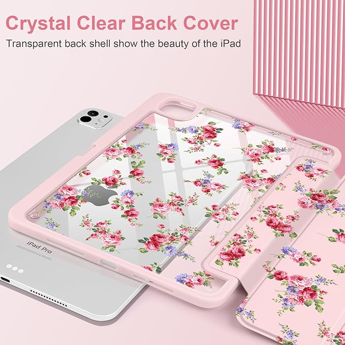 Case for iPad Pro 13 inch (M5) 2025 (M4) 2024 Release Slim Lightweight Cute Light Pink Cover with Clear Back TPU Edge Pencil Holder Trifold Stand Elegant Rose