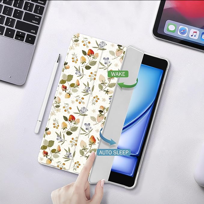 Idocolors Cute Kawaii Strawberry Plant Pad Case for 13 Inch iPad Pro(2024) Clear TPU Smart Stand Back Cover with Pencil Holder Auto Wake/Sleep Foldable Shockproof Protective Case for Women Girls