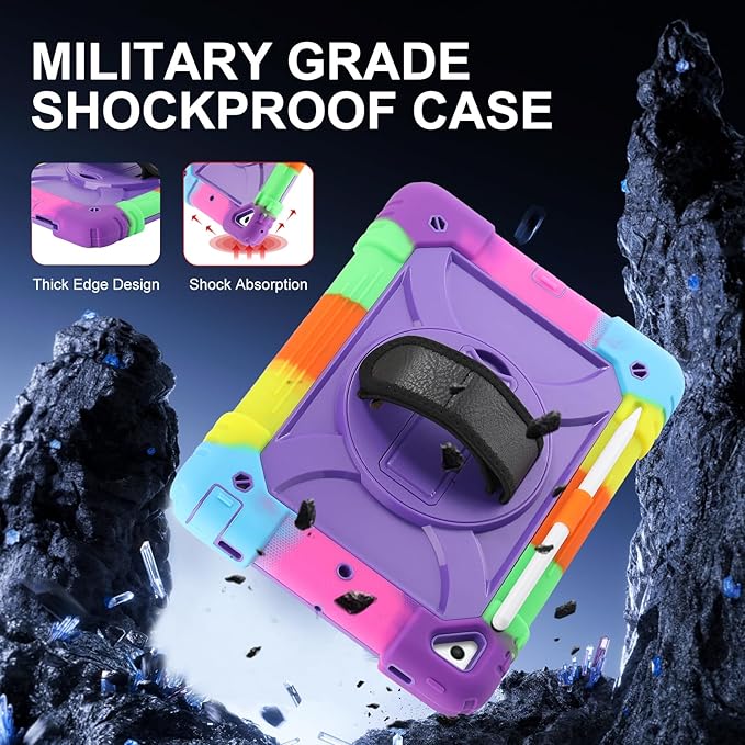 for iPad 6th Generation/iPad 5th Gen/iPad Air 2/iPad Pro 9.7 Case with Cute Key Chain Rugged Protective Case with Rotating Stand &amp Shoulder Hand Strap for iPad 6th/5th/ Air 2 (Rainbow Purple)