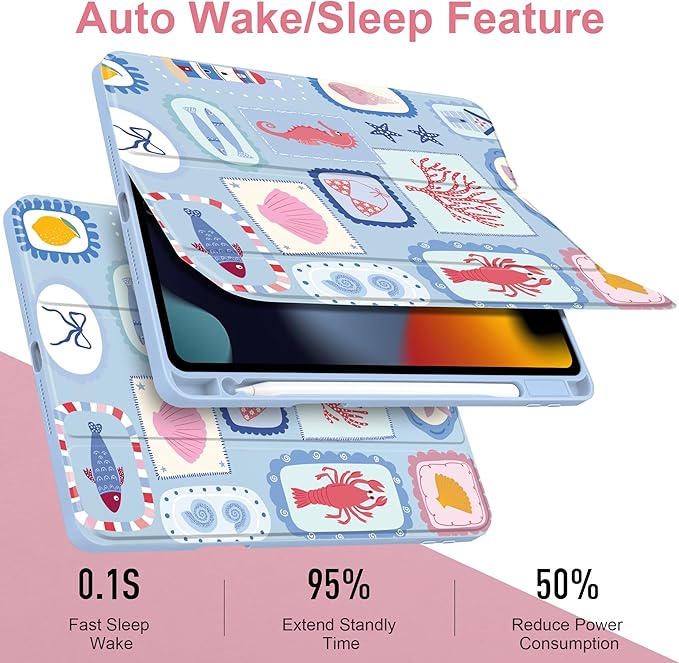 MEEgoodo Case for iPad 10.2 inchTablet Cases for iPad 9th Generation 2021/8th Gen 2020/7th Gen 2019 with Clear Acrylic Back Shell+Pencil Holder+Auto Wake/Sleep+Trifold Stand Marine Stamps Pattern