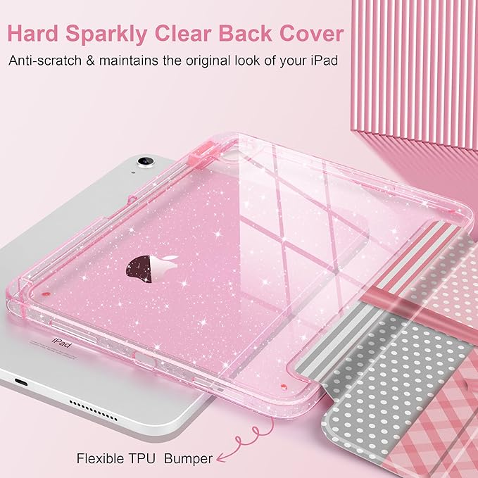MEEgoodo Case for iPad A16 11th Generation 2025/10th Generation 2022 Glitter Tablet Cases with Transparent Acrylic Back+Trifold Stand +Pencil Holder+Auto Wake/SleepMixed-Style Pink Bow