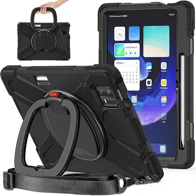 Rugged Tablet Case for Pad 6 6 Pro Tablet Cover with Stand Slim Folding Stand Cover for Pad 6 6 Pro 360° Rotation Removable Shoulder Strap (Black)