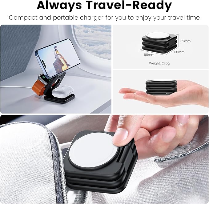 KU XIU X55 Plus 3 in 1 Charging Station for Apple Devices Magnetic Foldable Wireless Charger 15W Fast Charging Pad for iPhone 17/16/15/14/13/12 for Apple Watch for AirPods 4/3/2/Pro- Black