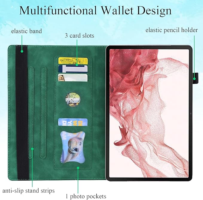 Case for Samsung Galaxy Tab S10 FE+/S10 FE Plus 13.1 Inch 2025 Model (SM-X620/SM-X626B) with Pencil Holder/Pocket/Card Slots Folio Stand PU Leather TPU Back Shockproof Wallet Cover Green