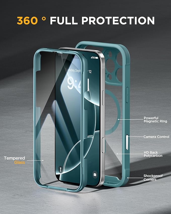 Miracase Magnetic for iPhone 16 Pro Case Full-Body Phone with Built-in Glass Screen Protector [Compatible with MagSafe] Military Drop Proof 16 Pro Cover Bumper 6.3 inch Green