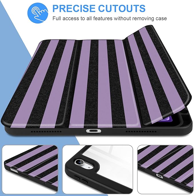 DONGKE Case for iPad Air 11-inch M4 2026 &amp M3 2025 &amp M2 2024 iPad Air 5th/4th Generation 10.9 2022/2020 [Built-in Pencil Holder] Clear Acrylic Back Trifold Stand Smart Cover Purple Stripes