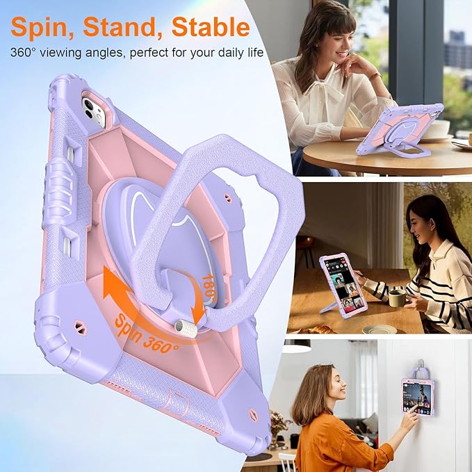 Case for iPad Pro 13 Inch M5 2025 / M4 2024 Auorld for iPad Pro 13 Inch M5 2025 with Screen Protector 360 Degree Rotating Stand Shoulder Strap Pencil Holder Purple Pink
