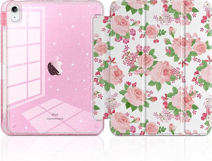 MEEgoodo Case for iPad A16 11th Generation 2025/10th Generation 2022 Glitter Tablet Cases with Transparent Acrylic Back+Trifold Stand +Pencil Holder+Auto Wake/SleepFloral Ornamental Texture