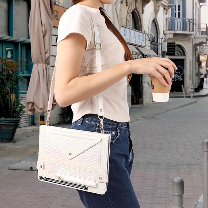 Shiny Case for Samsung Galaxy Tab S7/S8/S9/S9 FE/S10 FE 10.9 11 Handbag Techcircle Crossbody Iridescent Folio Stand Wallet Case with Pen Holder+Card Slots+Hand Strap+Shoulder Strap Shiny White