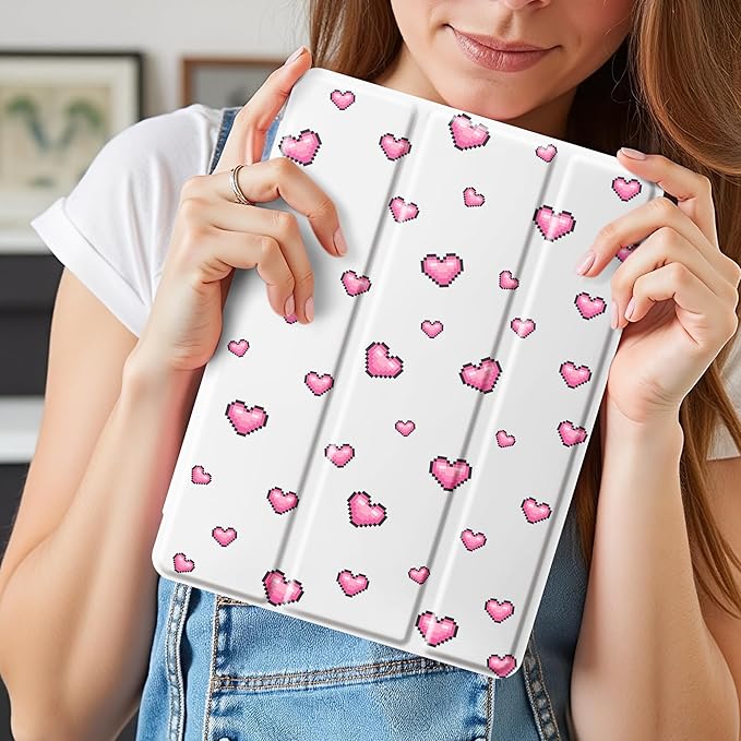 Idocolors Case for iPad 11 inch (A16 Chip) 2025 Generation 11th / iPad 10.9 inch 2022 10th Gen Built-in Pencil Holder with Soft TPU Shockproof Back Shell Auto Wake/Sleep Heart-White