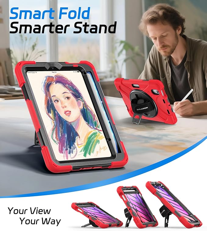BRAECNstock Case for Apple iPad mini 7 (A17 Pro) 2024/ Mini 6 8.3 Shockproof Protective with Pencil Holder Screen Protector Rotating Hand Strap &amp Stand Kids Case for iPad mini 7th/6th Gen Re