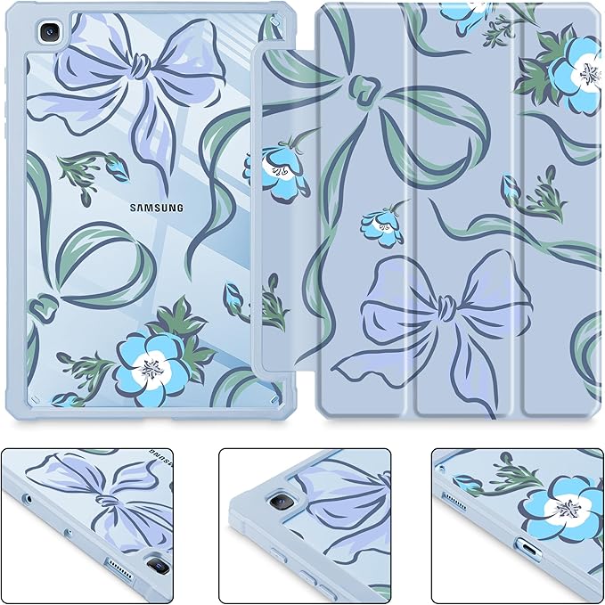 Mektron Case for Samsung Galaxy Tab S6 Lite 10.4 Inch 2024/2022/2020 with S Pen Holder Multi-Angle Viewing with Shockproof Cover Clear Shell + Trifold Stand + Auto Wake/Sleep Flowers-Bows-Blue