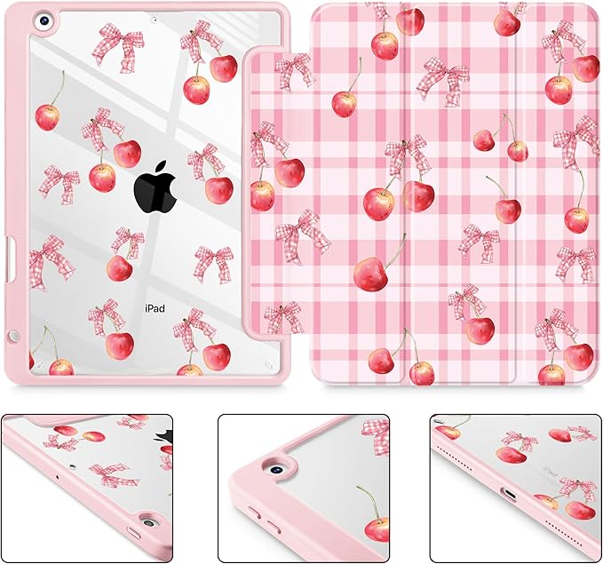 for iPad 9th Generation with Pencil Holder iPad 8th/7th Gen Case 10.2-inch [Built in Pencil Holder] Trifold Stand Auto Wake/Sleep Clear TPU Protection Back Cover Cherry Bow P704