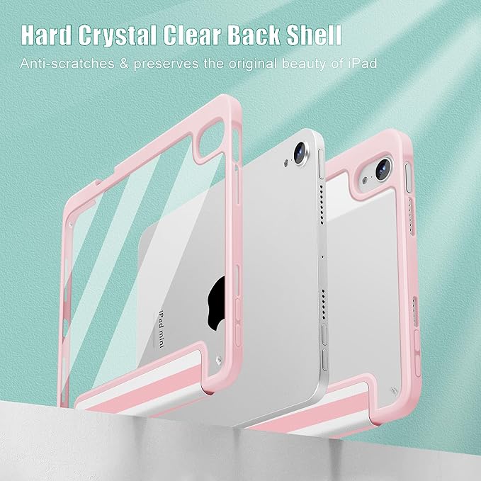 May Chen Slim Case for iPad mini 7 (A17 Pro 7th Generation) 2024 / iPad mini 6 (6th Gen) 8.3 Inch [Built-in Pencil Holder] Shockproof Cover Clear Clear Back Shell Auto Wake/Sleep Pink Stripes