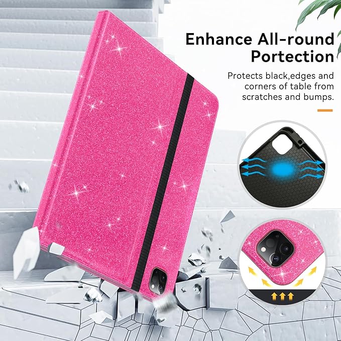 Case for New iPad Pro 12.9 inch 6th/5th/4th/3rd Generation 2022/2021/2020/2018 12.9'' ipad Pro Leather Protective Cover 6/5/4/3 Gen with Pencil Holder Auto Wake/Sleep Glitter Pink