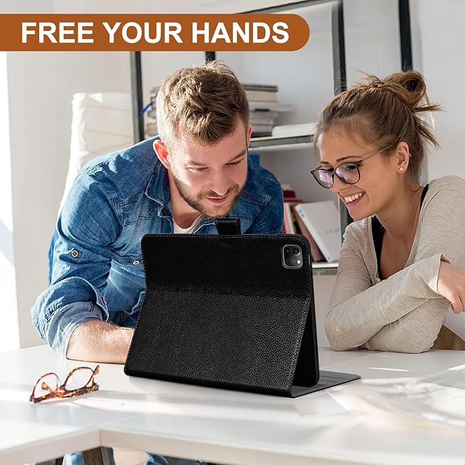 Genuine Leather Case for iPad Pro 11 Inch 4th/3rd/2nd/1st Generation 2022/2021/2020/2018 | with Pencil Holder and Adjustable Stand Magnetic Closure Auto Wake/Sleep Cover | Black