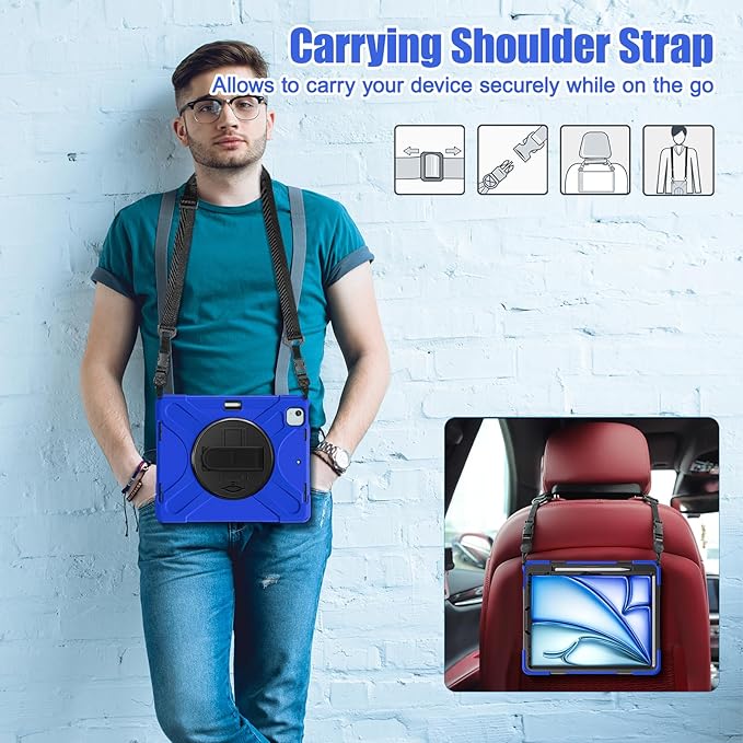 for iPad Air 13-inch M2 (2024) A2898/A2899 for iPad Pro 12.9 Rugged Case Portable Heavy Duty Shock-Proof Armor Cover with Swivel Kickstand/Hand Grip Shoulder Strap Pencil Holder (Blue)