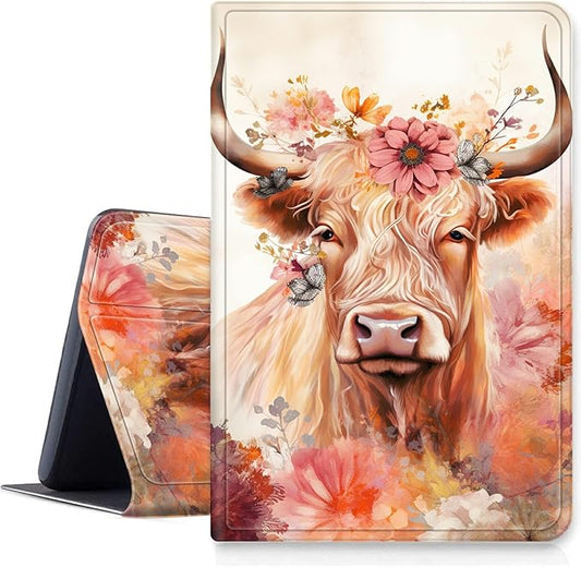 DIGTIALLL Case for Amazon Kindle Fire HD 10 &amp 10 Plus Tablet (11th Generation 2021 Release) 10.1 PU Leather Smart Protective Cover with Auto Sleep/WakeHighlands Cows and Floral