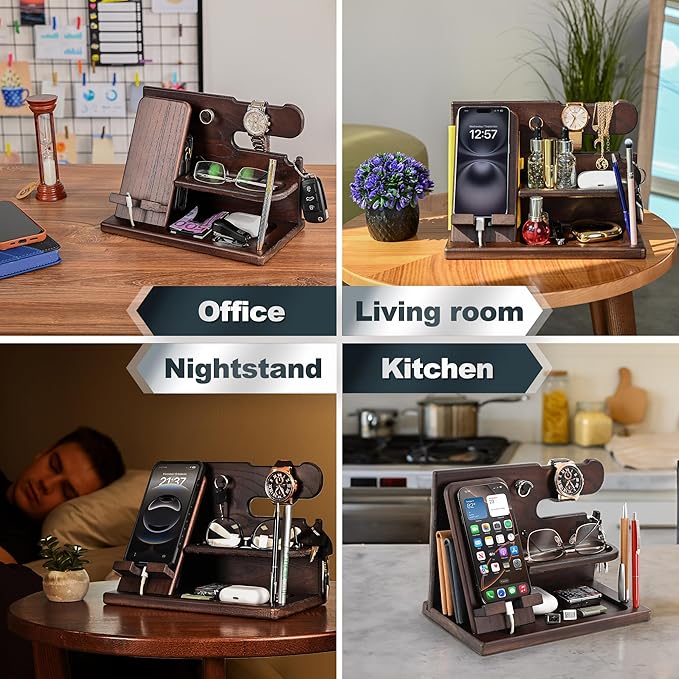 TESLYAR Wood Phone Docking Station for Men - Desk or Nightstand Organizer - Birthday Gifts for Husband Dad - Anniversary Idea from Wife - Key Holder Stand Wallet Watch &amp Essentials (Wenge)