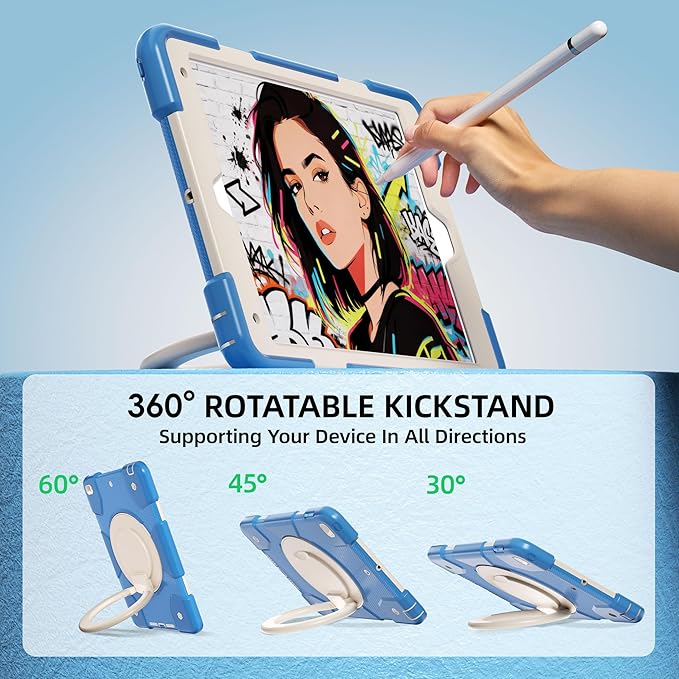 Case for iPad 9th/8th/7th Generation 10.2 inch Shockproof Cover with Screen Protector/360° Rotate Stand/Pencil Holder/Shoulder Strap Kids Case for iPad 2021/2020/2019 (Blue+White)