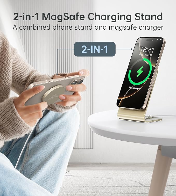 Magnetic Wireless Charger for iPhone 17/16/15/14/13/12 - Mag Charger+20W USB C Adapter Fast Wireless Charging Stand/Pad with 5ft Cable for iPhone 17/16/15/14/13/12 Pro Max Plus Mini 17 Air Gold