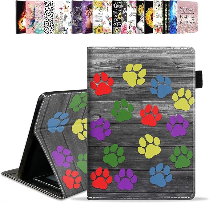 Case for Amazon Kindle Fire 7 Tablet (7 Display 9th/7th Generation 2019/2017 Release) - PU Leather Folio Case with Smart Auto Wake/Sleep Colorful Dog Paw Print on Wooden Board
