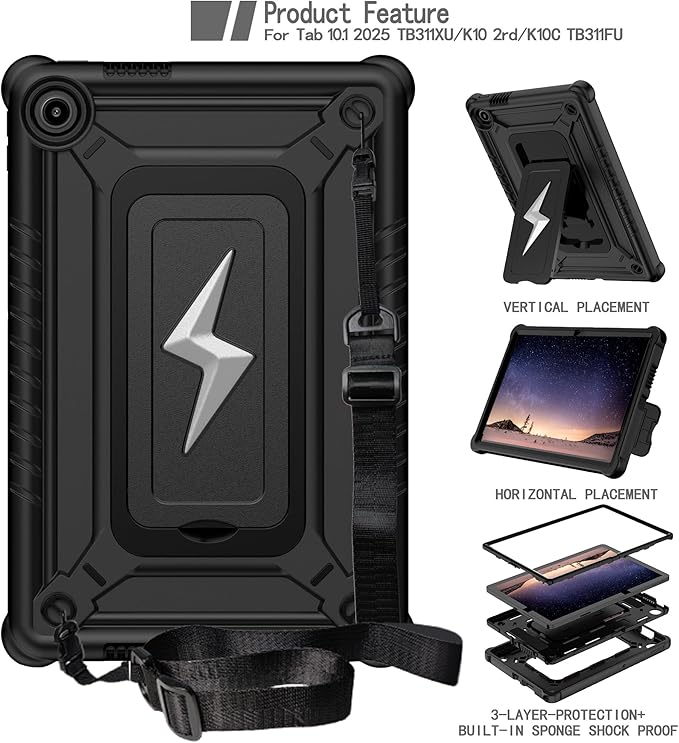 Case for Lenovo Tab 10.1 inch 2025 Released (TB311FU) - Hybrid Protective Case Cover with Kickstand Lightning Design (Black/Black)
